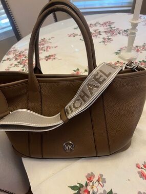 Michael Kors Brown Pebbled Leather Shoulder Tote with MK Logo Strap